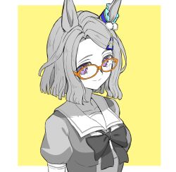 1girl air_messiah_(umamusume) akared animal_ears blush breasts closed_mouth collarbone commentary_request hair_between_eyes hair_ornament highres horse_ears horse_girl looking_at_viewer medium_breasts medium_hair portrait purple_eyes school_uniform simple_background smile solo tracen_school_uniform umamusume yellow_background
