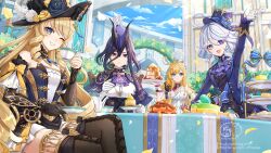 4girls absurdres black_boots black_gloves black_hat blonde_hair blue_eyes blue_hair blue_hat boots chef chef_hat clorinde_(genshin_impact) closed_mouth crossed_legs cup drop-shaped_pupils escoffier_(genshin_impact) furina_(genshin_impact) genshin_impact gloves gold_thighlet hair_between_eyes hat highres holding holding_cup holding_plate long_hair multiple_girls navia_(genshin_impact) nyamaso one_eye_closed open_mouth outdoors plate single_glove sitting smile symbol-shaped_pupils thigh_boots top_hat white_gloves white_hair white_hat