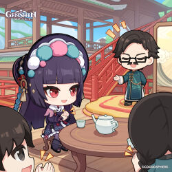 2boys 2girls absurdres blunt_bangs blunt_ends bonnet boots braid chibi chinese_clothes commentary copyright_name cup day dot_nose dress english_commentary facial_hair genshin_impact glasses hair_ornament highres long_sleeves multiple_boys multiple_girls mustache official_art on_chair open_mouth puffy_long_sleeves puffy_sleeves purple_dress purple_hair red_eyes sitting stairs table tassel teacup teapot yun_jin_(genshin_impact)