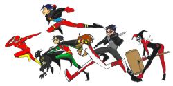 2girls 5boys bart_allen batgirl batman_(series) black_hair bodysuit brother_and_sister brothers brown_hair cape cassandra_cain dc_comics domino_mask flash_(series) flying food goggles burger harley_quinn hat impulse jason_todd jester_cap kon-el mallet mask multiple_boys multiple_girls red_hood_(dc) robin_(dc) running siblings superboy superman_(series) the_flash tim_drake wally_west young_justice