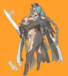 1girl absurdres arm_shield armor blue_hair braid breasts cape cleavage colored_pubic_hair crown female_pubic_hair friction_(keziedra) full_body gloves hair_over_one_eye half-closed_eyes high_heels highres holding holding_sword holding_weapon huge_breasts keziedra long_hair long_pointy_ears looking_at_viewer multiple_braids no_sclera orange_background orange_outline original outline pointy_ears pubic_hair scale_armor scales shield simple_background solo standing sword tri_braids very_long_hair weapon white_cape