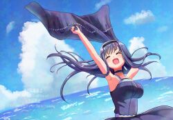 1girl :d ^_^ adversarial_noise armpits arms_up black_camisole black_capelet black_choker black_hair black_hairband black_skirt blue_sky blush bone_hair_ornament breasts camisole capelet choker closed_eyes cloud commentary_request cowboy_shot cumulonimbus_cloud day facing_viewer floating_clothes floating_hair frilled_camisole frilled_choker frills hair_between_eyes hair_ornament hairband happy highres holding holding_unworn_clothes kushima_kamome large_breasts long_hair maru_mayu000 ocean open_mouth outdoors skirt skull_and_crossbones skull_hair_ornament sky smile solo summer_pockets watermark wind