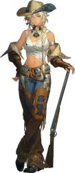 1girl boots breasts cowboy_hat cowboy_western dark-skinned_female dark_skin denim gun hat highres jeans large_breasts navel pants shotgun tagme weapon