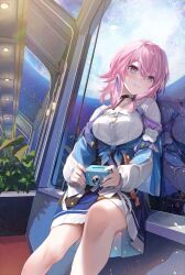1girl astral_express_(honkai:_star_rail) black_choker black_corset blue_jacket breasts camera choker corset earrings feet_out_of_frame flower_ornament full_moon gradient_eyes holding holding_camera honkai:_star_rail honkai_(series) jacket jewelry march_7th_(honkai:_star_rail) march_7th_(preservation)_(honkai:_star_rail) medium_breasts medium_hair moon multicolored_eyes night night_sky ouri_(aya_pine) pink_hair single_earring sky solo star_(symbol) star_symbol_background sublime tied_jacket two-tone_eyes underbust