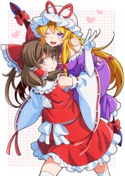 Rule 34 | 2girls, adapted costume, blonde hair, bow, breasts, brown eyes, brown hair, chest sarashi, cleavage, closed mouth, commentary request, detached sleeves, dress, eichi yuu, elbow gloves, frilled bow, frilled hair tubes, frills, gap (touhou), gloves, hair bow, hair tubes, hakurei reimu, hat, hat ribbon, heart, hug, long hair, mob cap, multiple girls, off-shoulder dress, off shoulder, one eye closed, open mouth, purple dress, purple eyes, red bow, red ribbon, red skirt, ribbon, ribbon-trimmed sleeves, ribbon trim, sarashi, skirt, skirt set, smile, thighhighs, touhou, v, very long hair, white gloves, white thighhighs, yakumo yukari