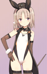 Rule 34 | 1girl, animal ears, brave witches, commentary request, competition swimsuit, detached collar, edytha rossmann, elbow gloves, fake animal ears, flat chest, garrison cap, gloves, hat, light brown hair, looking at viewer, medium hair, one-piece swimsuit, playboy bunny swimsuit, purple eyes, rabbit ears, shimada fumikane, solo, swimsuit, thighhighs, tuxedo, world witches series