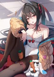 1girl :p absurdres animal_ears black_hair black_pantyhose blurry blurry_background blush breasts carrot cleavage coat collarbone commentary_request hair_between_eyes hair_ribbon high_heels highres knee_up leotard liya long_sleeves looking_at_viewer medium_breasts orange_coat original pantyhose playboy_bunny rabbit rabbit_ears red_eyes red_footwear ribbon sidelocks sitting tile_floor tiles tongue tongue_out white_leotard