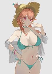 1girl bikini bracelet braid breasts choker closed_mouth cowboy_shot dimas_(dimas79756948) green_bikini green_choker grey_background hand_on_own_hip hand_up hat highres hololive hololive_english jewelry large_breasts long_hair looking_at_viewer navel off_shoulder open_clothes open_shirt purple_eyes shirt side-tie_bikini_bottom simple_background solo stomach straw_hat swimsuit takanashi_kiara takanashi_kiara_(casual) twin_braids virtual_youtuber white_shirt