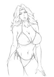 1girl absurdres bikini bleach blue_eyes breasts cleavage collarbone greyscale highleg highleg_bikini highres huge_breasts kubo_tite_(style) large_breasts lips long_hair looking_at_viewer matsumoto_rangiku mole mole_under_mouth monochrome navel rakusakugk satin_bikini shiny_swimsuit side-tie_bikini_bottom simple_background solo stomach string_bikini swimsuit thick_thighs thighs twitter_username white_background
