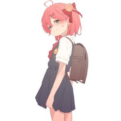 Rule 34 | 1girl, aged down, ahoge, backpack, bag, bell, black dress, blush, brown bag, cowboy shot, crime prevention buzzer, dress, from side, green eyes, hair bell, hair between eyes, hair ornament, highres, hololive, looking at viewer, looking to the side, one side up, osanai sanday, pinafore dress, pink hair, sakura miko, school uniform, short hair, short sleeves, simple background, sleeveless, sleeveless dress, solo, standing, virtual youtuber, white background, x hair ornament