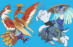 animal_focus bird black_shirt blue_background blue_scarf clothed_pokemon commentary_request creatures_(company) fang game_freak gen_2_pokemon ho-oh legendary_pokemon lugia nintendo no_humans open_mouth pokemon pokemon_(creature) red_eyes sagemaru-br scarf shirt signature skin_fang talons tongue watermark