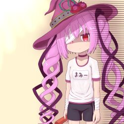 Rule 34 | 1girl, bandage over one eye, bandages, black pants, character name, drill hair, emil chronicle online, empty eyes, flower, frustrated, gym uniform, hat, highres, holding baton, long hair, mummy alma, pants, purple hat, purple ribbon, red eyes, ribbon, rna0, rose, sweat, sweatdrop, thorns, twintails, very long hair, witch hat, wristband