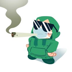 1other ambiguous_gender chibi chibi_only commentary cr4sh-k1d doobie_ralsei_(meme) english_commentary full_body green_hoodie hands_on_own_hips highres hood hood_up hoodie indie_virtual_youtuber joint_(drug) kwite_(vtuber) marijuana mask meme mouth_mask no_lineart other_focus simple_background smoke smoking solo standing sunglasses toon_(style) virtual_youtuber white_background