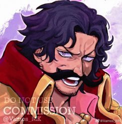 1boy aquiline_nose bead_necklace beads beard black_hair coat commission facial_hair furrowed_brow goatee gol_d._roger handlebar_mustache jewelry male_focus mustache necklace nose one_piece open_mouth red_coat short_hair solo teeth upper_body v-shaped_eyebrows vamos_mk