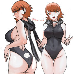 Rule 34 | 1girl, absurdres, ass, black leotard, breasts, brown eyes, brown hair, choker, collarbone, covered navel, double v, earrings, highleg, highleg leotard, highres, hood, jewelry, large breasts, leotard, looking at viewer, navel, nero watch, nontraditional playboy bunny, open mouth, persona, persona 3, playboy bunny, rabbit tail, short hair, simple background, smile, solo, strapless, strapless leotard, stud earrings, tail, takeba yukari, v, white background