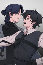 Rule 34 | 2boys, belt, black belt, black eyes, black gloves, black hair, black necktie, black shirt, black vest, blue hair, cheng xiaoshi, chest belt, chinese commentary, collared shirt, earrings, eye contact, gloves, grey background, grey jacket, hair bun, half updo, hand on another&#039;s hip, hand on own hip, highres, jacket, jaelee, jewelry, li323213, long sleeves, looking at another, male focus, medium hair, multiple boys, necklace, necktie, open mouth, parted lips, ponytail, profile, shiguang dailiren, shirt, short hair, short ponytail, simple background, single hair bun, smile, sweatdrop, teeth, turtleneck, upper body, vest, white shirt, yaoi