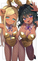 2girls animal_ear_hairband animal_ears arm_up bare_shoulders blonde_hair blue_eyes blue_ribbon breasts cleavage collar commentary_request covered_navel crescent crescent_earrings dark-skinned_female dark_skin detached_collar earrings fake_animal_ears fishnet_pantyhose fishnets gold_leotard green_hair grin hair_between_eyes hairband highleg highleg_leotard highres idolmaster idolmaster_cinderella_girls jewelry large_breasts layla_(idolmaster) leotard long_hair looking_at_viewer medium_hair multiple_girls natalia_(idolmaster) neck_ribbon open_mouth pantyhose playboy_bunny purple_eyes rabbit_ears ribbon small_breasts smile strapless strapless_leotard trente white_collar
