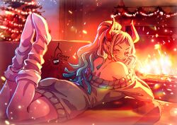 1girl artist_name back bare_shoulders blush cherry_in_the_sun christmas christmas_tree closed_mouth commentary dress earrings english_commentary fire fireplace full_body grey_sweater hoop_earrings horns jewelry long_hair long_sleeves one_piece open_mouth ponytail smile socks solo sweater sweater_dress teeth upper_teeth_only white_socks winter yamato_(one_piece)