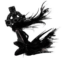 1girl album_cover black_dress breasts celtic_cross commentary_request cover cross daisy_(invisibleworld) dress floating_hair hair_over_one_eye highres kneeling long_hair medium_breasts megurine_luka red_eyes simple_background solo splatter very_long_hair vocaloid white_background