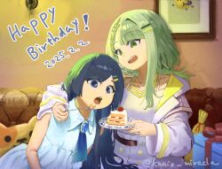 2025 2girls a.i._voice absurdres arm_around_shoulder asymmetrical_bangs bare_shoulders belt birthday black_belt blonde_streaks blue_brooch blue_eyes blue_hair blue_ribbon braid brooch cake cevio clothing_cutout collarbone collared_dress couch dress eating english_text feeding food fork futaba_minato gift gradient_ribbon green_eyes green_hair hair_ornament hairclip happy_birthday high-waist_skirt highres holding holding_cake holding_food holding_fork indoors jacket jewelry leaning_to_the_side long_hair long_sleeves looking_at_food looking_down medium_hair multicolored_hair multicolored_jacket multiple_girls off-shoulder_shirt off_shoulder on_couch open_clothes open_jacket open_mouth petrasche_(kunio_miracle) picture_frame ribbon shirt side_braid single_hair_intake sitting skirt sleeveless sleeveless_dress spaghetti_strap strawberry_shortcake streaked_hair swept_bangs teeth tsunose_kotone twitter_username two-sided_fabric two-tone_jacket upper_body upper_teeth_only white_dress white_jacket white_shirt