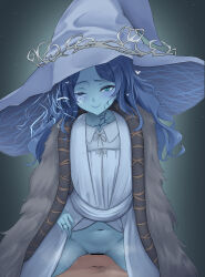 1boy 1girl absurdres bar_censor blue_eyes blue_hair blue_hat blue_skin blue_theme censored closed_mouth colored_skin commentary_request deep_penetration elden_ring hat heart hetero highres kazami_windy long_hair navel one_eye_closed petite pussy ranni_the_witch solo_focus textless_version variant_set witch_hat
