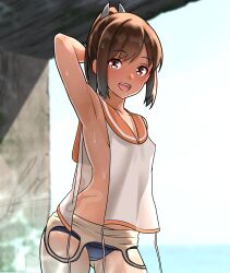 Rule 34 | 1girl, absurdres, blue one-piece swimsuit, brown eyes, brown hair, clothes pull, contrapposto, cowboy shot, dark-skinned female, dark skin, furaggu (frag 0416), highres, i-401 (kancolle), kantai collection, looking at viewer, one-piece swimsuit, one-piece swimsuit pull, orange sailor collar, ponytail, sailor collar, sailor shirt, school swimsuit, shirt, short hair, side-tie shirt, sleeveless, sleeveless shirt, smile, solo, swimsuit, swimsuit under clothes, tan, white shirt
