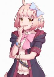 Rule 34 | 1girl, absurdres, ahoge, artist name, belt, black belt, blue bow, blunt bangs, bob cut, bow, bow hairband, bracelet, breasts, chieru (princess connect!), coat, collared shirt, commentary, dated, fingernails, frilled skirt, frills, hair bow, hair ornament, hairband, hand to own mouth, highres, hood, hooded coat, jewelry, looking at viewer, medium breasts, multicolored coat, open clothes, open coat, open mouth, pink bow, pink hair, pink hairband, pleated skirt, princess connect!, purple coat, red coat, red skirt, ruinone, school uniform, shirt, short sleeves, simple background, skirt, smile, solo, st. theresa&#039;s girls academy school uniform, star (symbol), star hair ornament, star in eye, symbol in eye, two-tone coat, white background, white shirt, yellow eyes