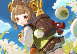 1girl absurdres backpack_basket bell bow-shaped_hair brown_eyes brown_hair chinese_text day eyebrows_hidden_by_hair genshin_impact green_jacket highres jacket jingle_bell logo looking_at_viewer official_art onion solo stuffed_toy yaoyao_(genshin_impact) yuegui_(genshin_impact)