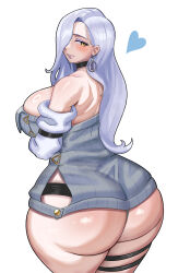 Rule 34 | 1girl, absurdres, ass, bare shoulders, breasts, choker, crossed arms, detached sleeves, dress, earrings, fate/grand order, fate (series), female focus, heart, highres, hoop earrings, huge ass, jewelry, large breasts, light blush, long hair, mrs. snake (fate), shiny skin, simple background, sweater, sweater dress, thick thighs, thigh strap, thighs, white background, white hair, yellow eyes, ytrall