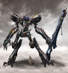 Rule 34 | 1other, ambiguous gender, blue eyes, cloud, commentary, english commentary, ferkad, full body, gun, highres, holding, holding gun, holding weapon, looking at viewer, mecha, mixed-language commentary, one-eyed, original, reverse-jointed legs, robot, russian commentary, science fiction, shadow, size comparison, weapon