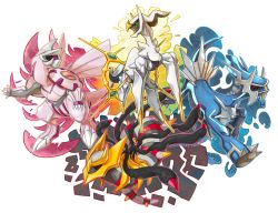 arceus claws creatures_(company) deviantart_username dialga eye_contact game_freak gen_4_pokemon giratina giratina_(origin) green_eyes legendary_pokemon looking_at_another looking_away monster multicolored_background mythical_pokemon nintendo no_humans palkia pokemon pokemon_(creature) pokemon_dppt red_eyes signature simple_background twarda8 white_background