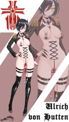 1girl adapted_costume azur_lane black_hair breasts character_name choker claws corset_piercing cross ear_piercing epaulettes ero_guro fallopian_tubes full_body guro highres iron_blood_(emblem) iron_cross medium_breasts military_uniform nail_polish navel nipple_piercing nipples ovaries piercing ppshex prolapse revealing_clothes short_hair simple_background smile solo ulrich_von_hutten_(azur_lane) uterus_piercing vaginal_prolapse white_background yellow_eyes zoom_layer