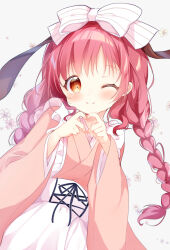 1girl ama_usa_an_uniform bow child closed_mouth fukaya_rin gochuumon_wa_usagi_desu_ka? grey_background hair_bow heart heart_hands highres japanese_clothes kimono long_hair looking_at_viewer low_twintails natsu_megumi one_eye_closed pink_hair red_hair sidelocks simple_background smile solo twintails yellow_eyes