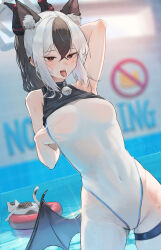1girl absurdres alternate_costume animal_ear_fluff animal_ears arm_behind_head armpits bare_arms bare_shoulders bell blue_archive blush breasts cat cat_ears cat_girl covered_navel demon_girl demon_horns demon_wings ear_piercing ggz_(gguzal_95) hair_between_eyes hand_in_clothes highleg highleg_one-piece_swimsuit highres horns jingle_bell kayoko_(blue_archive) long_hair looking_at_viewer multicolored_hair one-piece_swimsuit open_mouth piercing ponytail red_eyes sidelocks single_wing solo sweatdrop swimsuit teeth thigh_strap tongue tongue_out two-tone_hair upper_teeth_only white_hair white_one-piece_swimsuit wings