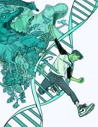 1boy animal bear beast_boy_(dc) bird black_dress colored_skin dc_comics dinosaur dna dress fish gabriel_picolo gabriel_picolo_(artist) giraffe goat green_hair green_skin hair_ornament happy jaguar monkey mouse multiple_animals octopus pointy_ears rabbit smile snake teen_titans turtle zebra