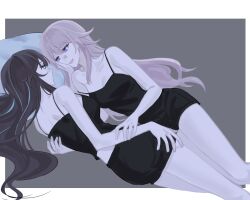 Rule 34 | 2girls, black camisole, black shorts, blue eyes, blue hair, border, brown hair, camisole, eye contact, grey background, hand on another&#039;s back, hand on another&#039;s face, herta (honkai: star rail), highres, holding another&#039;s wrist, honkai: star rail, honkai (series), long hair, looking at another, multiple girls, parted lips, pillow, purple eyes, ruan mei (honkai: star rail), shorts, simple background, smile, voaxnvoa, white border, yuri