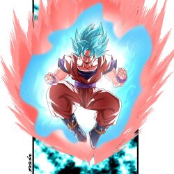 Rule 34 | 1boy, aura, blue boots, blue eyes, blue hair, blue shirt, boots, clenched hands, clenched teeth, dougi, dragon ball, dragon ball super, full body, highres, kaiouken, male focus, medium hair, noir illust, orange pants, orange shirt, pants, shirt, solo, son goku, spiked hair, super saiyan, super saiyan blue, teeth