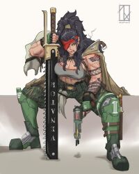 1girl abs arm_tattoo armor artist_logo artist_name astra_militarum black_hair blonde_hair breasts camouflage camouflage_pants catachan_jungle_fighter chainsword charm_(object) cigarette coat explosive eyepatch fang fingerless_gloves gloves greaves grenade gun handgun highres knife large_breasts logo long_hair muscular muscular_female pants pauldrons ponytail prosthesis prosthetic_leg revolver scar scar_on_arm scar_on_face shoulder_armor shoulder_tattoo single_pauldron sitting skull smile smoking solo tank_top tattoo thick_thighs thighs warhammer_40k weapon zephart