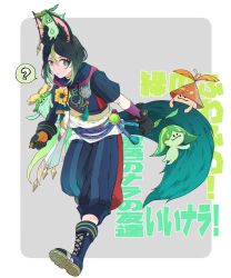 1boy ? animal_ear_fluff animal_ears aranara_(genshin_impact) asymmetrical_sleeves baggy_pants black_gloves black_hair blue_pants blunt_ends boots cape capri_pants commentary earrings fennec_fox flower fox_boy fox_ears fox_tail full_body genshin_impact gloves gradient_eyes gradient_hair green_eyes green_hair green_tail grey_background hair_between_eyes highres holding_another&#039;s_arm holding_ears holding_tail hood hoodie jewelry lace-up_boots long_sleeves male_focus medal multicolored_eyes multicolored_gloves multicolored_hair orange_gloves pants rope_belt short_hair short_sleeves single_earring sitting sitting_on_head sitting_on_person spoken_question_mark streaked_hair t0petar0 tail tassel tighnari_(genshin_impact) translation_request two-tone_background vision_(genshin_impact) walking white_background yellow_flower