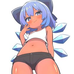 1girl :3 absurdres arm_behind_back bare_shoulders blue_bow blue_eyes blue_hair blush bow cirno closed_mouth collarbone hair_bow hand_up highres ice ice_wings looking_at_viewer midriff newbear perspective short_shorts shorts simple_background tan tank_top tanned_cirno touhou white_background white_tank_top wings