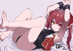 Rule 34 | 1girl, absurdres, armpits, arms up, bare legs, bare shoulders, barefoot, bdsm, bed, black leotard, bondage, bound, breasts, closed mouth, cropped jacket, cuff links, dot nose, eyebrows, eyelashes, female focus, from side, full body, hair ribbon, heterochromia, highres, hololive, hololive fantasy, houshou marine, jacket, knees up, leotard, long hair, looking at viewer, looking to the side, lying, medium breasts, mekato, multicolored jacket, naughty face, on back, on bed, open clothes, open jacket, red eyes, red hair, red jacket, red ribbon, ribbon, sleeveless, sleeveless jacket, smile, solo, toes, twintails, virtual youtuber, white jacket, yellow eyes, yellow jacket