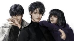 Rule 34 | 1girl, 2boys, arm over shoulder, bags under eyes, black bodysuit, black coat, black eyes, black hair, black shirt, blue hoodie, blunt bangs, bodysuit, cigarette, coat, grin, han sooyoung, hood, hood down, hoodie, kim dokja, leaning on person, looking at another, looking at viewer, macaronijail, medium hair, multiple boys, omniscient reader&#039;s viewpoint, open mouth, popped collar, shirt, short hair, smile, swept bangs, upper body, white background, white coat, yoo joonghyuk