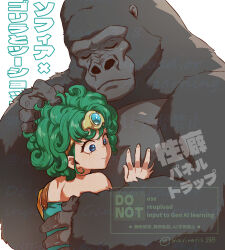 1girl 1other adversarial_noise aqua_gemstone aqua_shirt black_fur blue_eyes circlet curly_hair dragon_quest dragon_quest_iv gem gold_circlet gorilla green_hair heroine_(dq4) hug kasiwamoti11 looking_down shirt short_hair strapless translation_request tube_top twitter_username upper_body watermark white_background