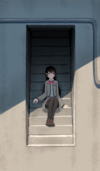 1girl absurdres black_hair black_pantyhose bow bowtie breast_pocket brown_shoes bullfalk collared_shirt commentary_request dress_shirt full_body grey_jacket grey_skirt highres jacket kagura_hikari loafers long_hair miniskirt open_clothes open_jacket pantyhose pleated_skirt pocket red_bow red_bowtie seishou_music_academy_uniform shirt shoes shoujo_kageki_revue_starlight sitting sitting_on_stairs skirt solo sparkle_hair_ornament stairs white_shirt