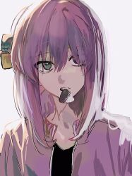 1girl black_shirt bocchi_the_rock! cube_hair_ornament gotoh_hitori grey_eyes hair_ornament hemvanilla1 highres jacket long_hair looking_at_viewer mouth_hold pink_hair pink_jacket plectrum plectrum_in_mouth shirt simple_background solo white_background