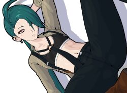 1girl dutch_angle ear_piercing flat_chest green_hair hair_over_one_eye lireslol long_hair looking_at_viewer navel nintendo open_clothes open_shirt piercing pokemon pokemon_sv red_eyes rika_(pokemon) sitting solo sports_bra spread_legs