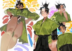 Rule 34 | 1girl, absurdres, black hair, black panties, blue eyes, english text, from above, green kimono, hair bun, hand on own face, hands on own hips, highres, japanese clothes, kimono, luny, multiple views, one eye closed, panties, thighs, tongue, tongue out, underwear