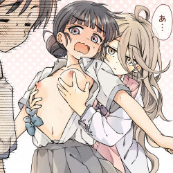 2girls basori_tiara black_hair blonde_hair blush bow bowtie breasts commentary embarrassed fukaku-tei groping hair_between_eyes hair_bun highres long_hair long_hair_between_eyes make_heroine_ga_oo_sugiru! multiple_girls navel nipples no_bra open_mouth pleated_skirt puffy_nipples purple_eyes school_uniform screaming shikiya_yumeko shirt skirt small_breasts sweater sweater_vest unbuttoned upper_body white_shirt yellow_eyes
