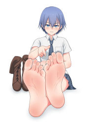 1girl akuma_no_riddle azuma_tokaku barefoot blue_eyes blue_hair boots feet female_focus foot_focus looking_at_viewer lululewd necktie shoes unworn_shoes short_hair simple_background sitting skirt soles solo toes white_background