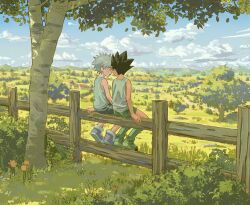 2boys black_hair black_shorts blue_sky blush boots bush cloud day fence gon_freecss goodkids_1 grass green_boots green_shorts grey_hair hunter_x_hunter killua_zoldyck male_focus multiple_boys open_mouth outdoors purple_boots shorts sitting sitting_on_fence sky spiked_hair tank_top tree white_tank_top